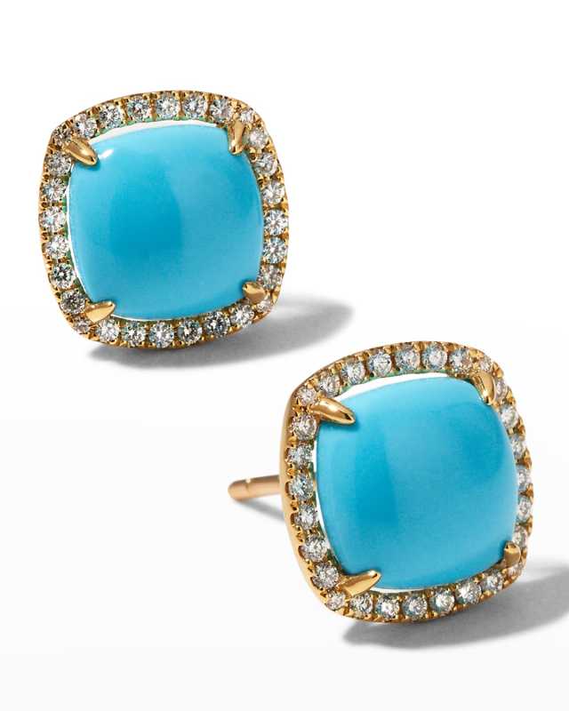 18K Yellow Gold Cushion Cabochon Stud Earrings with Diamonds and Turquoise